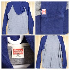Homage Mens Medium Heather Gray Blue Raglan Hooded Long Sleeve T-Shirt USA Made