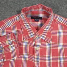 Scott Barber Linen Shirt Men’s Large Button Down Red Plaid Long Sleeve