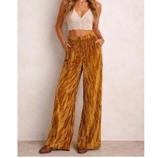 Free People Runaway Velvet Wide Leg Pants Gold Mustard Yellow Pleated Boho 4