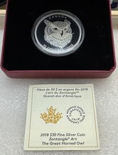 2018 Great Horned Owl Zentangle Art $30 2 oZ Silver Proof Coin Mintage 4000