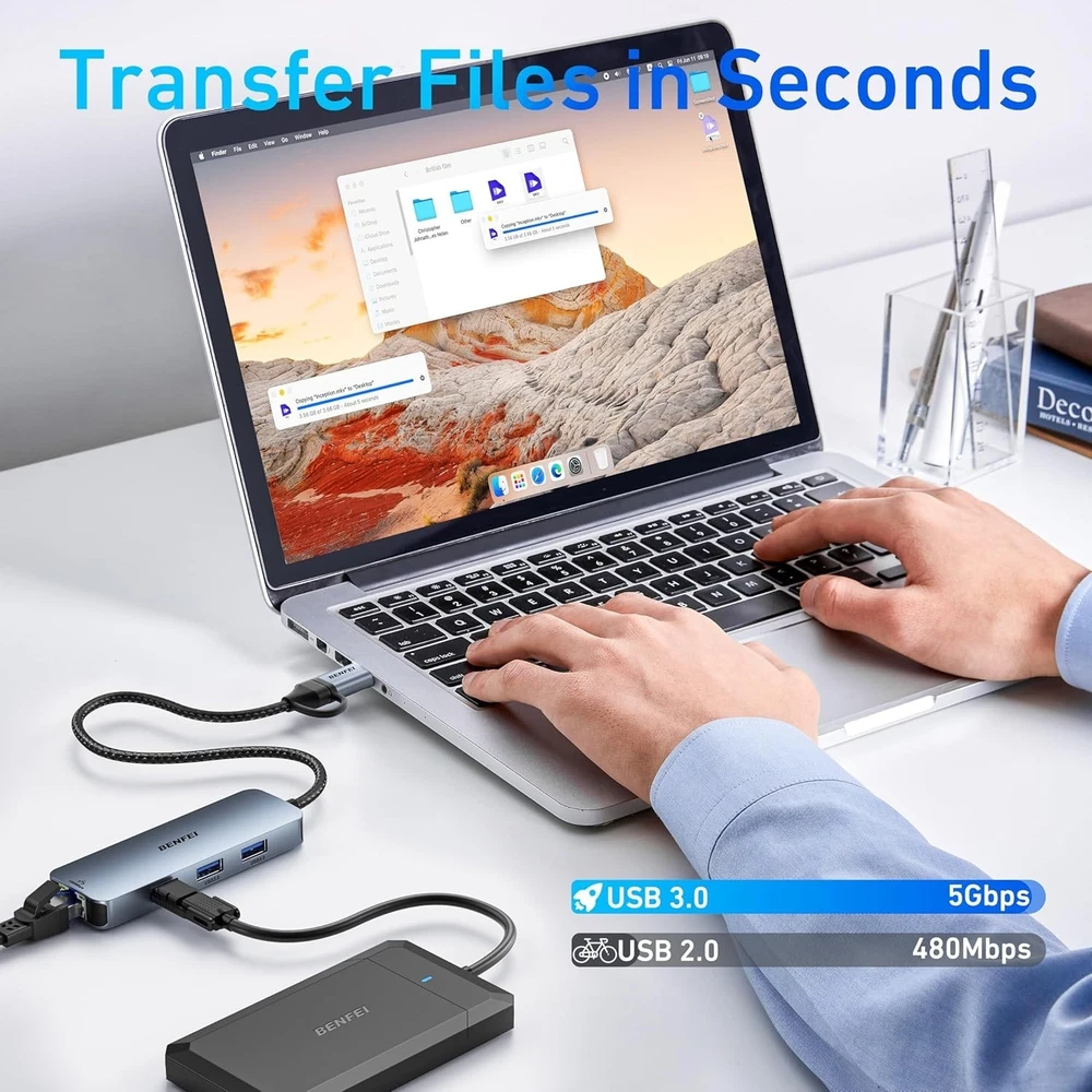 Benfei 5-in-1 USB C Hub with 3 USB 3.0 Ports and Gigabit Ethernet
