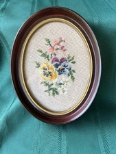 Vintage Floral Needlepoint Glass Front Wood Frame Cherry Color 9  x7  x1  
