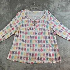 Modcloth Top Womens 2X Cream Patterned Key Hole Neck Pleated Roll Tab Sleeve