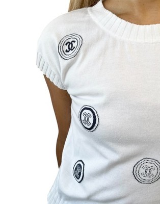 CHANEL Vintage 01P CC Logo T-shirt Top #34 White Blue Cotton Rib