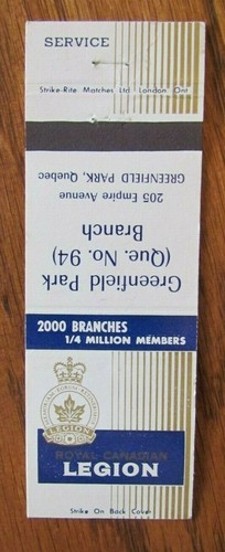 FUNDA FRATERNAL MATCHBOOK: LEGIÓN REAL CANADIENSE (GREENFIELD PARK, QUEBEC) -G9