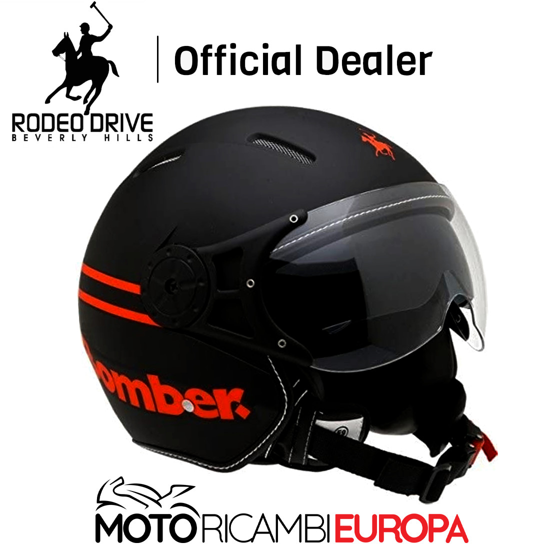 CASCO MOTO DEMI JET OMOLOGATO COLORE RD107 RODEO DRIVE BOMBER NERO OPACO ARANCIO