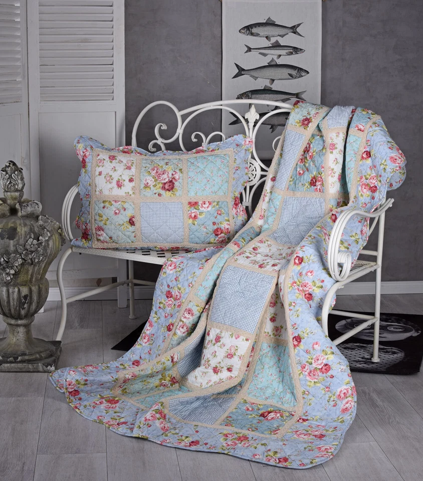 Tagesdecke Bettüberwurf Steppdecke Patchwork Decke Landhaus Blumen Wohndecke - Bild 4 von 4