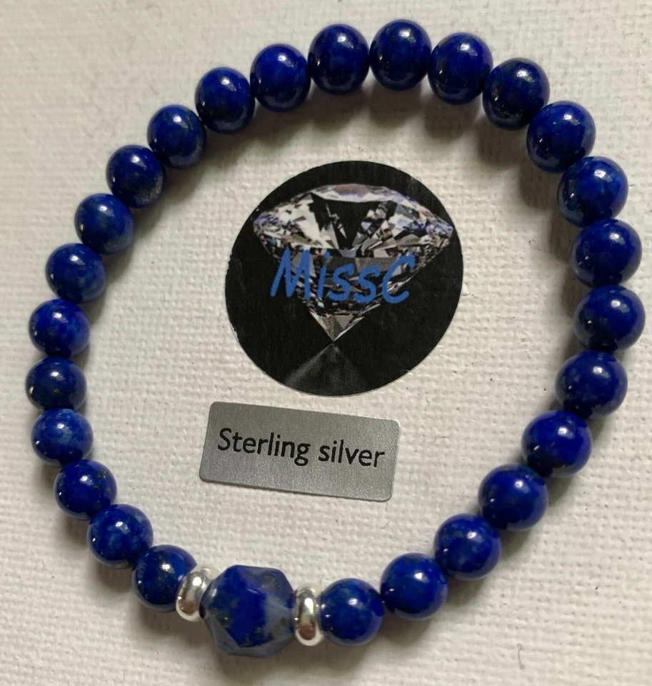 LAPIS LAZULI BEADED BRACELET WITH CENTRAL DECAGON STONE AND 925 STERLING SILVER - Image 4 of 4