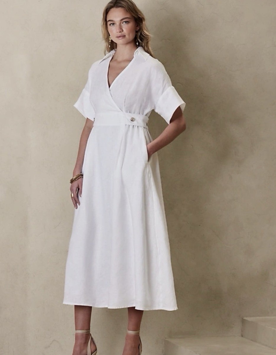 Banana Republic Sedona Linen Wrap Midi Dress Sz XL White Flared Lined Boho  Beach | eBay