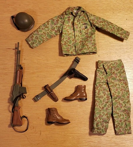 Vntage 12" Gi Joe Marine Camo Uniform Set  wBoots B.A.R.  Belt Pistol Helmet WW2