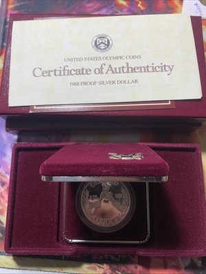 1988 US Mint Olympic Proof Silver Dollar Coin OGP COA -Some Toning 