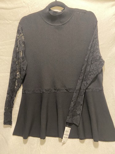 Top INC International Concepts Negro Mangas de Encaje Talla 1X Cuello Simulado Peplum Nuevo con Etiquetas - Imagen 2 de 15