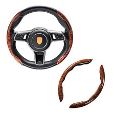 2Pcs Wood Grain Leather Steering Wheel Cover, Universal Anti-Skid Coffee