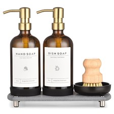Luxury 16OZ Amber Glass Stainless Steel Soap Dispenser Set with Gold Pump