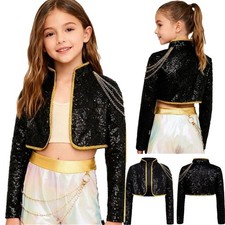 Kids Girls Shiny Dance Sequins Cropped Tops Hip Hop Dance Costume Girls Stage