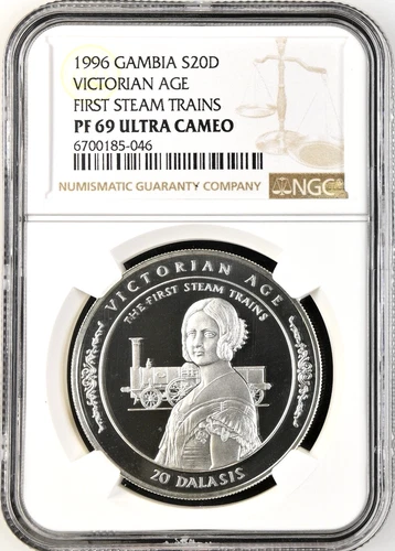 1996 Gambia 20 Dalasis Victorian Age First Steam Trains Silver NGC PF 69 UC