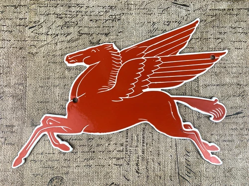 VINTAGE 12x9.5" MOBILGAS MOBILOIL RED PEGASUS PORCELAIN GAS PUMP STATION SIGN