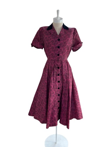 True Vintage 1940s 1950s Sambo Shirtwaister Fit Flare Dress Pink Lace Print 6-8 - Picture 2 of 11