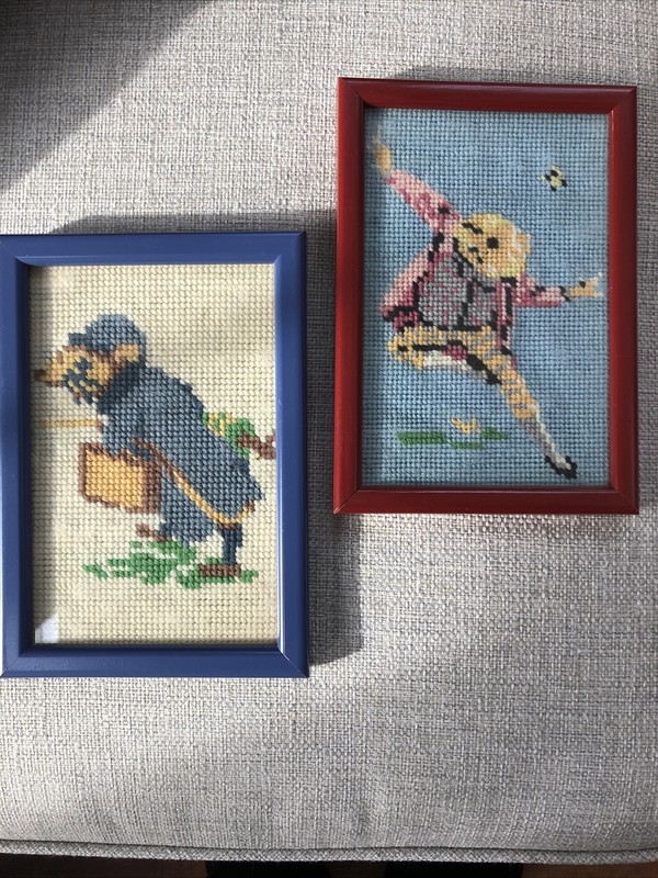 Beatrix Potter framed needlework pictures, Vintage x 2.