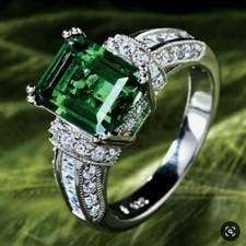 3.98Ct Green Emerald  White Round CZ Engagement Ring 925 Sterling Silver