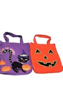 Halloween Trick Or Treat Bags Set - Purple Cat  Orange Pumpkin Design With Hand