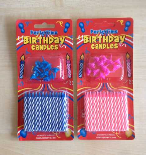 24 x Birthday Candles with candle holders in BLUE & PINK Trusted UK Seller