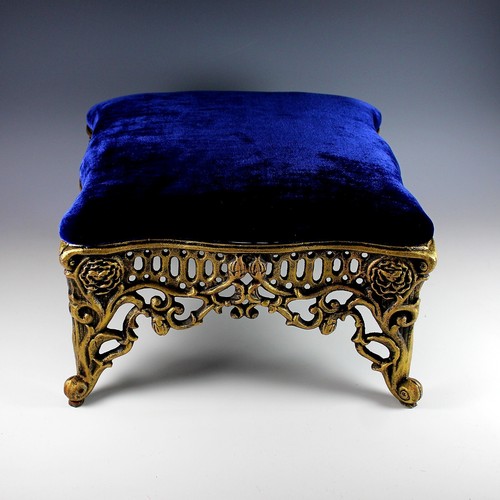 Vintage Cast Iron Blue Velvet Footstool Ottoman 12.5" square 7" high - Picture 2 of 5