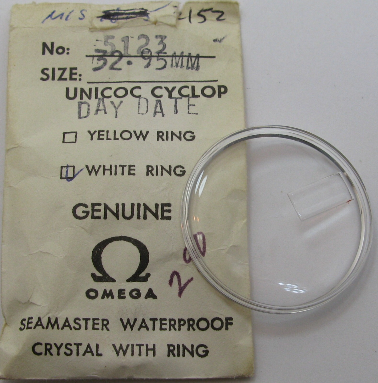 Omega Watch Crystal / Acrylic 5123 32.95 mm day date cyclops silver tension ring