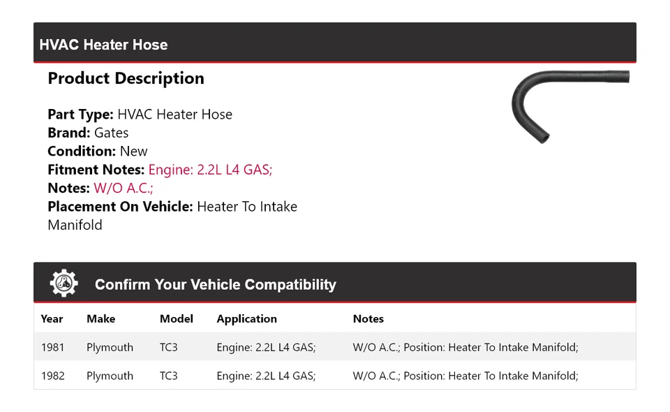 For 1981-1982 Plymouth TC3 HVAC Heater Hose Heater To Intake Manifold Gates - Image 2 of 4