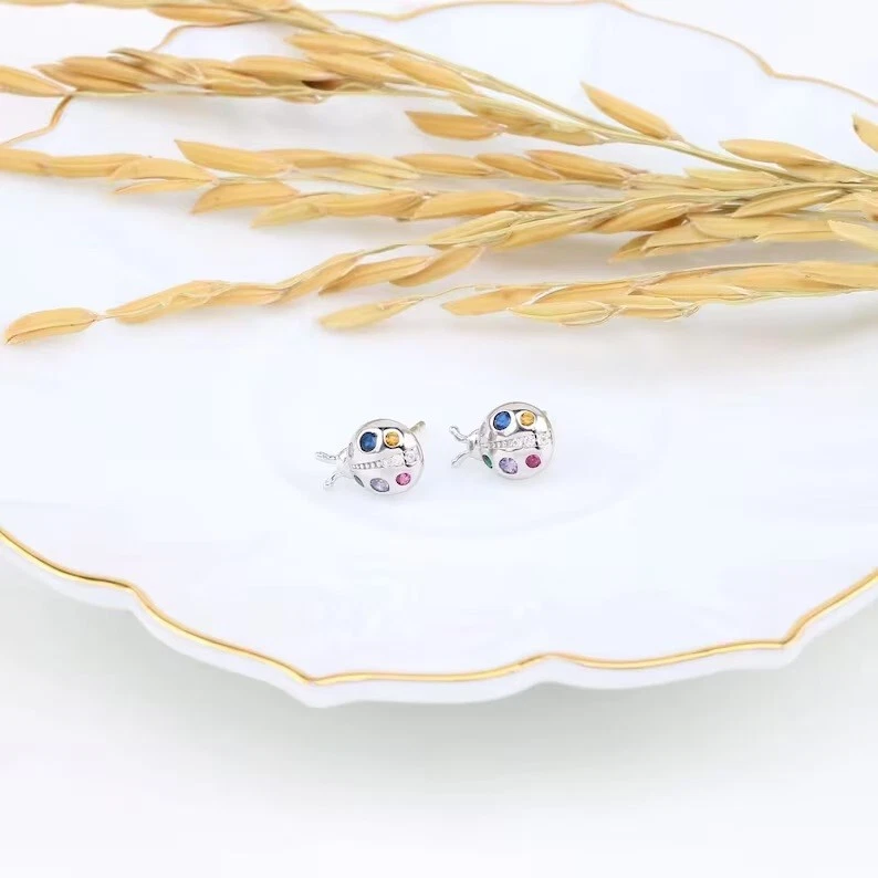 Trendy Cut Ladybug Design With Simulated Multi Color Gemstone Women's Earrings - Image 2 of 4