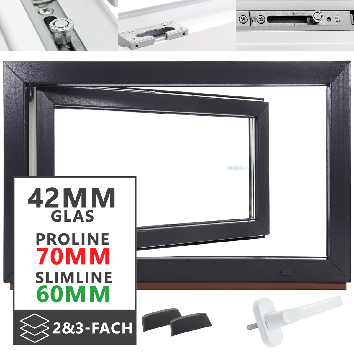 Ventana de sótano ventana de plástico antracita 2-3 compartimentos vidrio entrega rápida