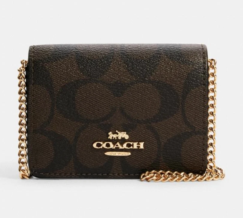 Coach Brown/Black Signature Canvas Mini Wallet On A Chain Coach