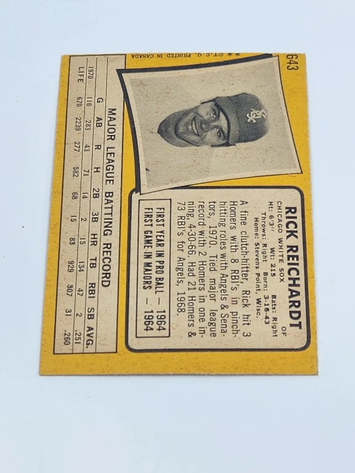 1971 O-Pee-Chee - #643 Rick Reichardt White Sox High Numbers Set Break  - Image 2 of 2