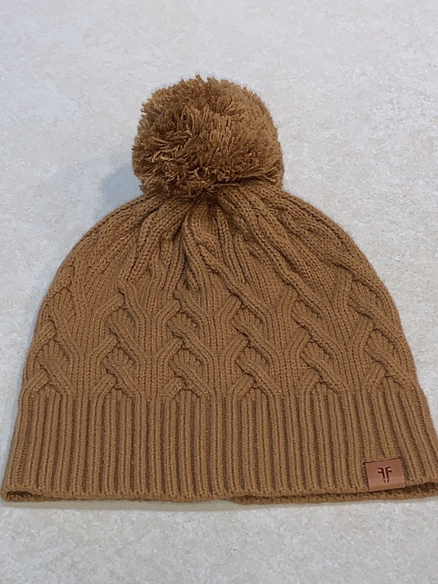 FRYE Women's Cable Knit Beanie Pom Hat Brown New