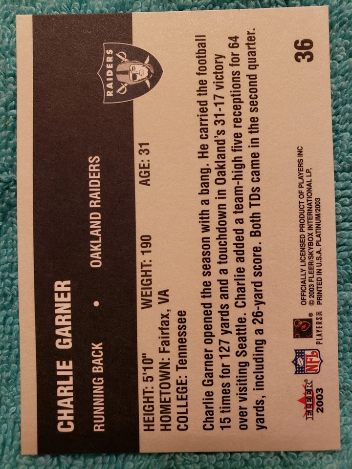 2003 FLEER PLATINUM CHARLIE GARNER #36 OAKLAND RAIDERS - Image 4 of 4