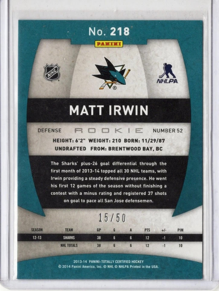 2013-14 Totally Certified Hockey Blue Parallel RC Matt Irwin San Jose Sharks /50 - Image 2 of 2