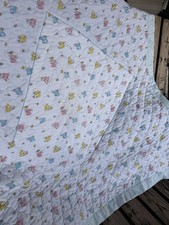 Vintage Baby Quilt Satin Blue Bunny Butterfly Pattern Soft Cotton Nursery