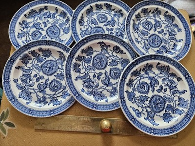 6 x Vintage Ridgeway Ironstone Jakobin blau & weiß Beilagenteller @17,5 cm Durchmesser