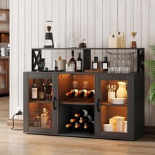 LED Home Bar Sideboard Wine Liquor Rack Display Storage Cabinet Power Outlets