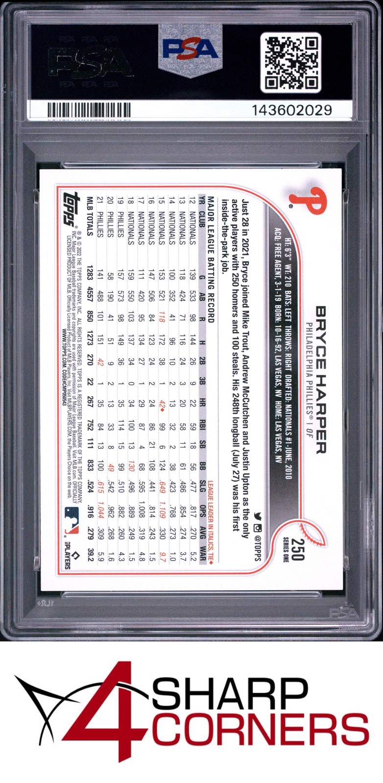 2022 TOPPS COMPLETE SET GOLD STAR #250 BRYCE HARPER PSA 10 view 2