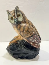 1970’s Hand Carved & Painted 5.5”Tall Solid Stone Owl Sculpture W/Glass Eyes