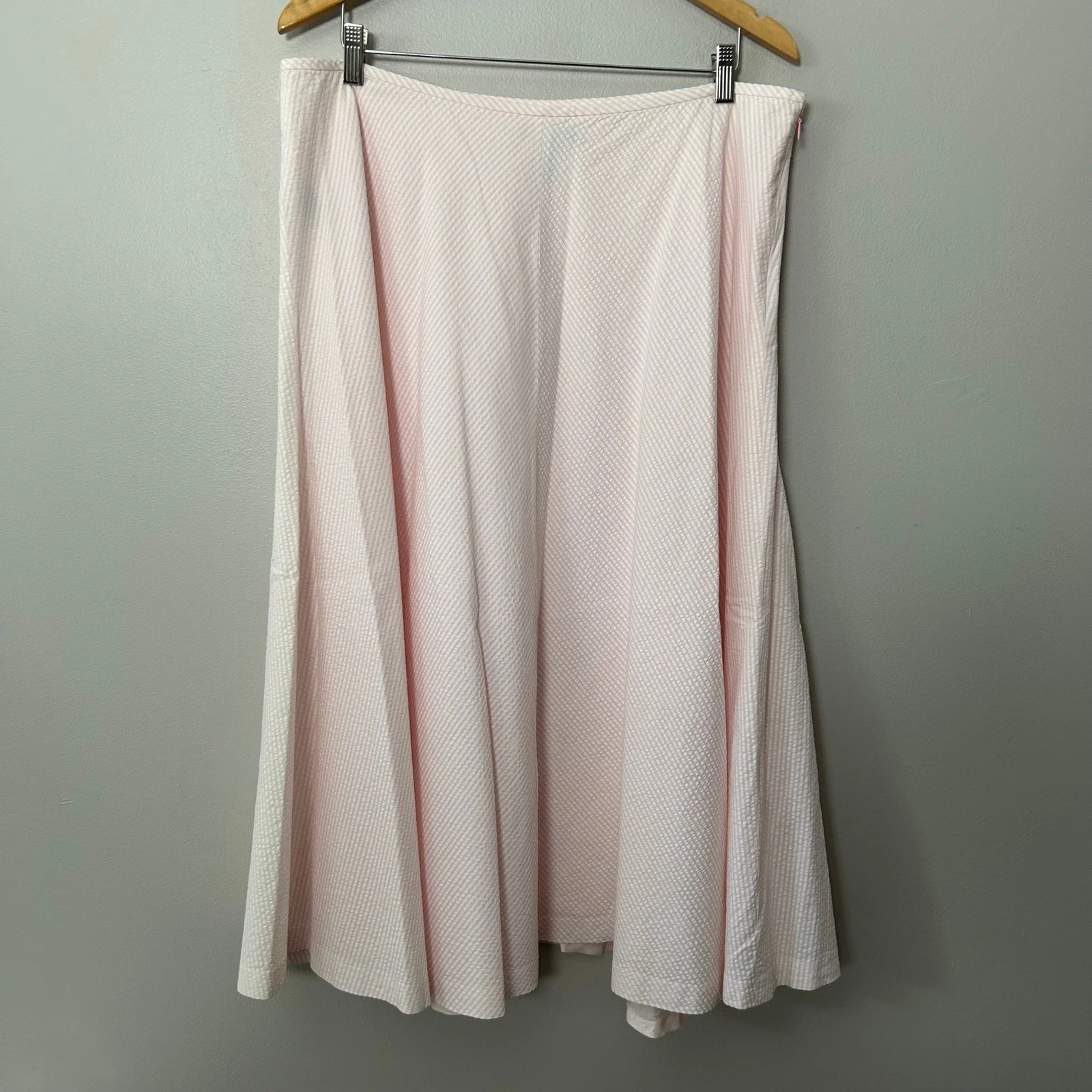 Lauren Ralph Lauren Midi Skirt Womens 16 Pink Seersucker Striped A-Line Lined