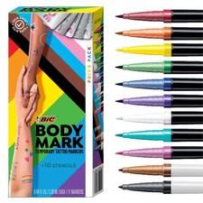 Temporary Tattoo Markers, 11 Assorted Colors, Flexible Brush Tip, Skin-Safe