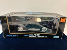WELLY 1936 Ford Deluxe Cabriolet, Convertible, Black, Tan Top 1:18 Scale Diecast