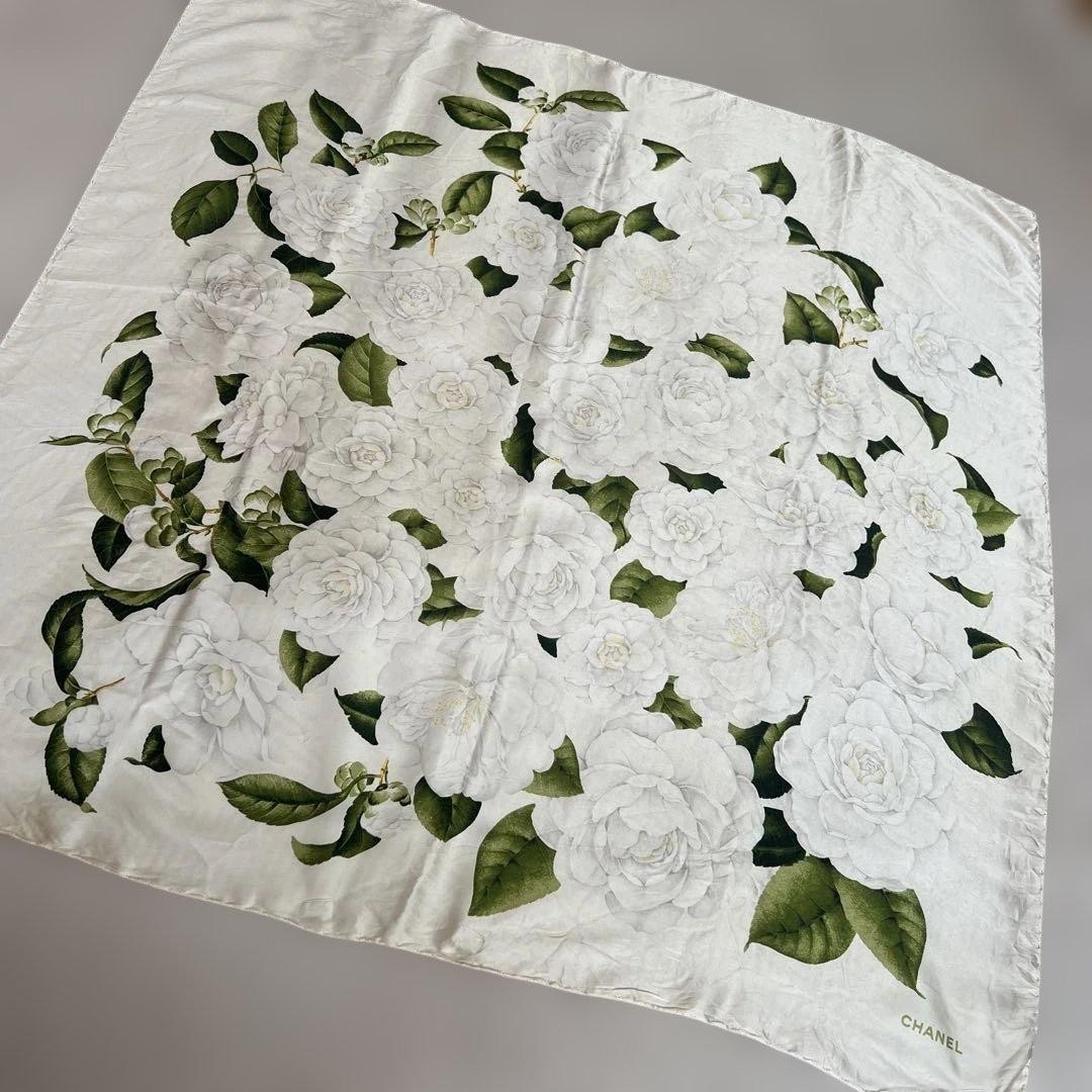 CHANEL Floral pattern Silk Scarf White Green about 33.46 x 33.46