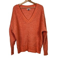 American Eagle Peachy Orange Waffle Knit V Neck Oversized Sweater Top Women XS