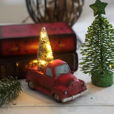Christmas Mini Red Truck & Tree Figurine LED Light-Up Tabletop Decor 4"