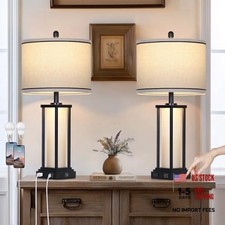 27in Tall Farmhouse Table Lamp Set of 2 with USB C A  Outlet,Industrial Black