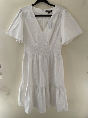 Brooks Brothers White Cotton Eyelet Tiered V Neck Midi Dress