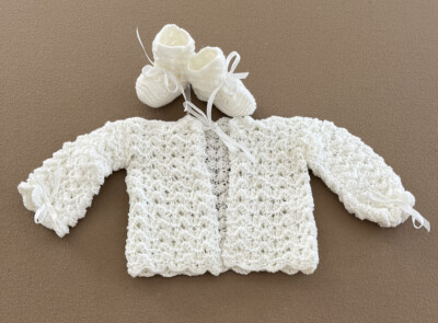Handmade Knitted Baby Sweater Set White Color with Booties Set - Main Image